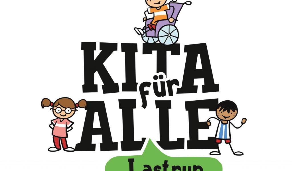 Logo mit der Aufschrift KITA für ALLE Lastrup, umgeben von drei kindlichen Figuren, darunter ein Junge im Rollstuhl, ein Mädchen mit Brille und Zöpfen und ein Junge mit dunklen Haaren und Sommersprossen.